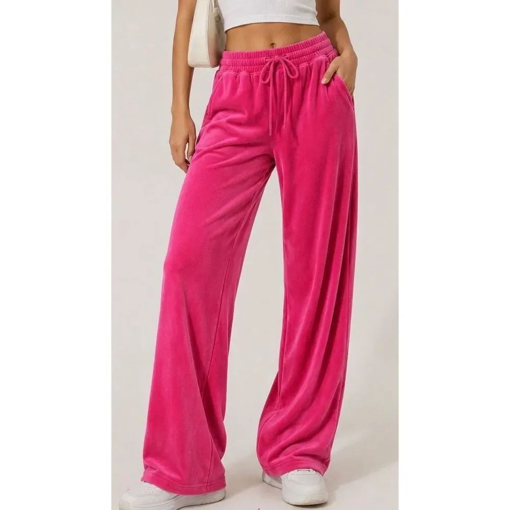 OFFLINE by Aerie Velour Wide Leg Lounge Pants XS Hot Pink Y2K Athleisure